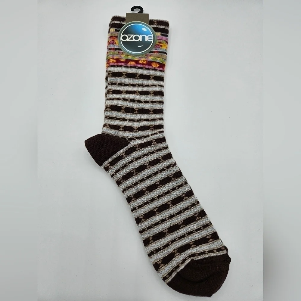 NWT Ozone Design CHOCOLATE BROWN Womens CANDY STRIPE Socks - Sz W 9-11 NOS
